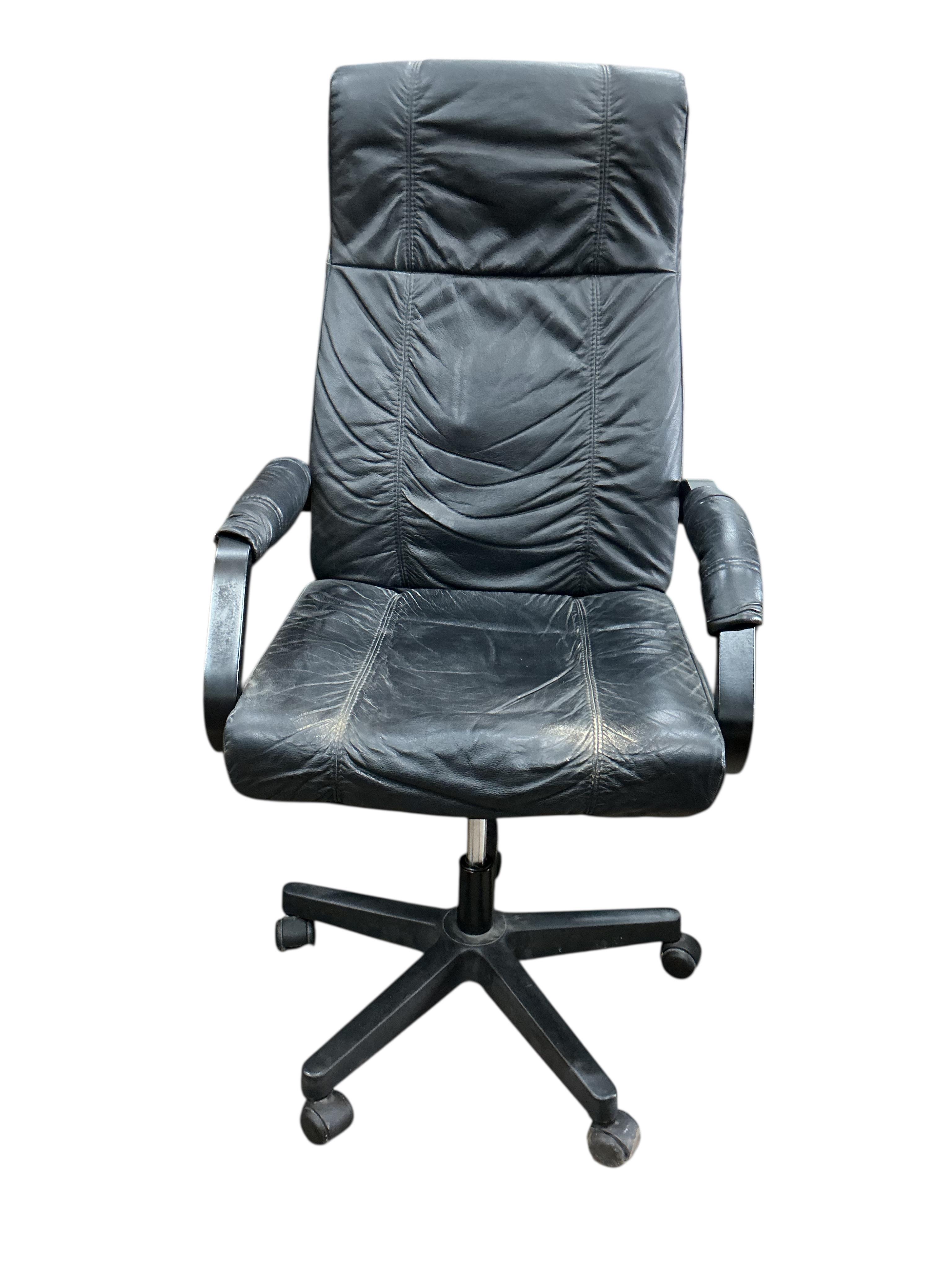 A Danish leather swivel desk chair, width 64cm, depth 58cm, height 122cm
